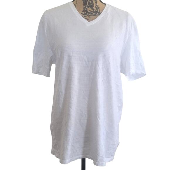 Calvin Klein Tops - Medium Calvin Klein white striped v-neck short sleeve shirt 100% cotton like new
